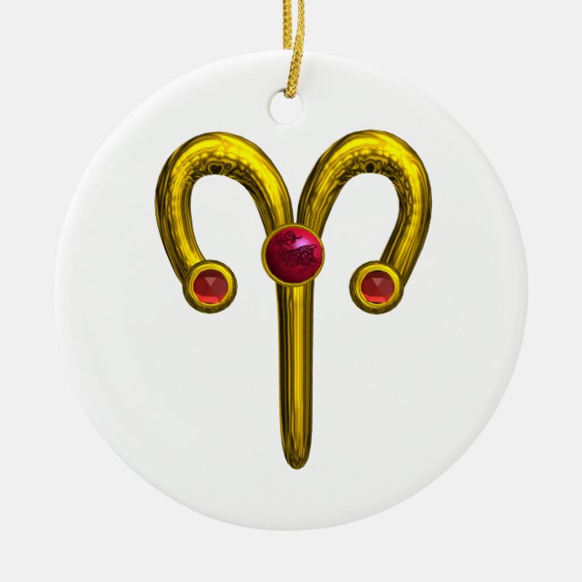 ARIES ZODIAC BIRTHDAY JEWEL Red Ruby Gold Ceramic Ornament (Front)