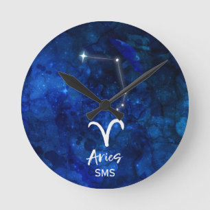 Aries Zodiac Constellation Blue Galaxy Monogram Round Clock