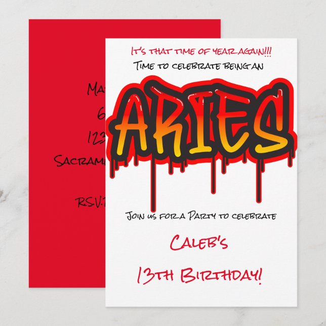 ARIES Zodiac Fire Sign Red Birthday Party Invitation (Front/Back)
