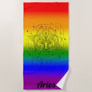 Aries Zodiac LGBTQ Pride Rainbow Design Beach Towel