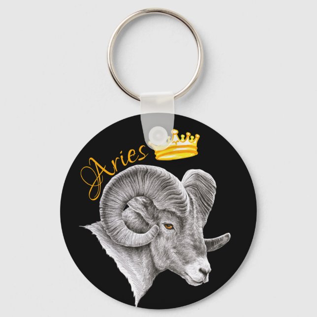 Aries Zodiac Sign Bighorn Ram and Crown Animal Art Key Ring (Front)
