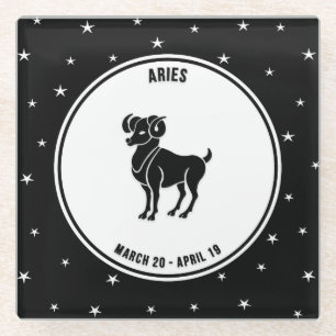 Aries Zodiac Sign, Black & White Glass Coaster