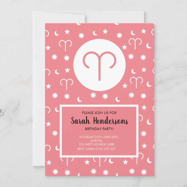 Aries zodiac sign colour invitation template  (Front)