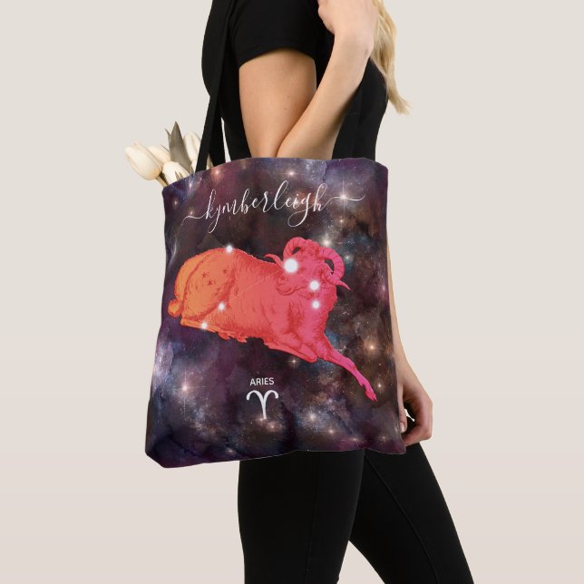 Aries Zodiac Sign Cosmic Monogram Name Red Brown Tote Bag (Close Up)