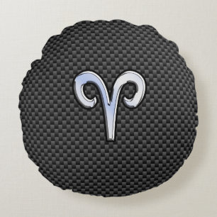 Aries Zodiac Sign on Carbon Fibre Style Round Cushion