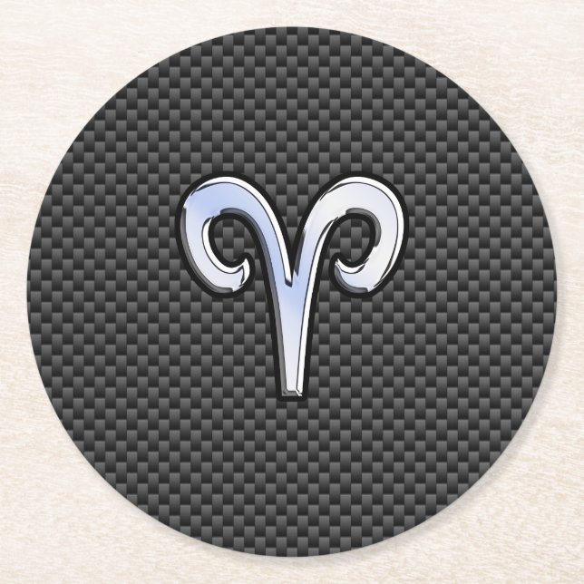 Aries Zodiac Sign on Carbon Fibre Style Round Paper Coaster (Front)
