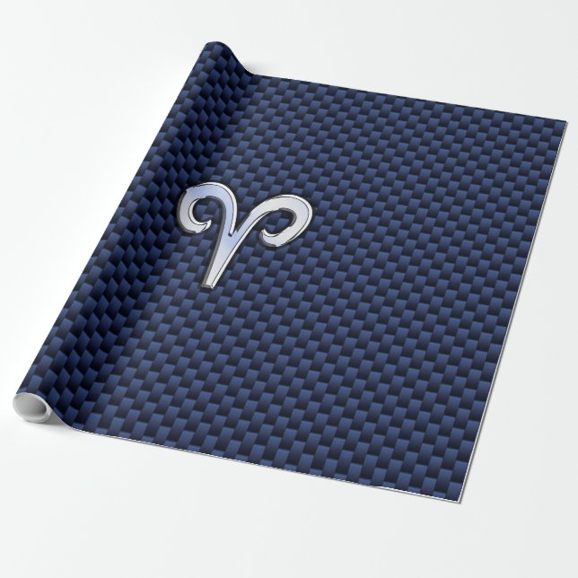 Aries Zodiac Sign on Navy Blue Carbon Fibre Print Wrapping Paper (Unrolled)