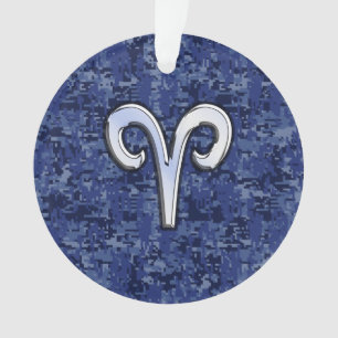 Aries Zodiac Sign on Navy Blue Digital Camo Decor Ornament