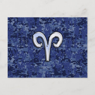 Aries Zodiac Sign on Navy Blue Digital Camo Decor Postcard