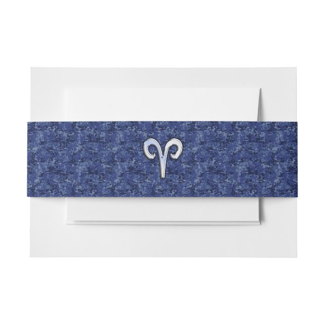 Aries Zodiac Sign on Navy Blue Digital Camo Invitation Belly Band (Front Example)
