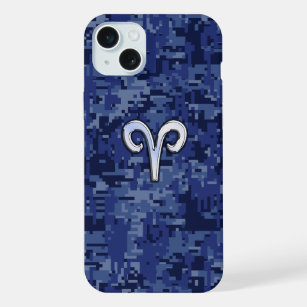 Aries Zodiac Sign on Navy Blue Digital Camo iPhone 15 Plus Case