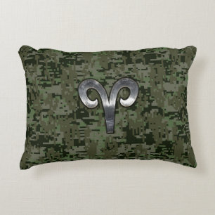 Aries Zodiac Sign on Woodland Green Digital Camo Decorative Cushion