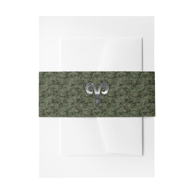 Aries Zodiac Sign on Woodland Green Digital Camo Invitation Belly Band (Front Example)