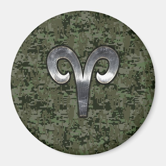 Aries Zodiac Sign on Woodland Green Digital Camo Magnet (Front)