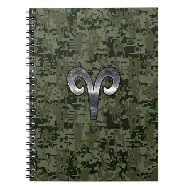 Aries Zodiac Sign on Woodland Green Digital Camo Notebook (Front)