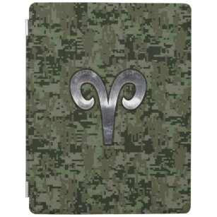 Aries Zodiac Sign on Woodland Style Digital Camo iPad Cover
