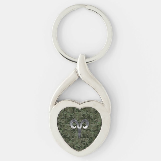 Aries Zodiac Sign on Woodland Style Digital Camo Key Ring (Front)