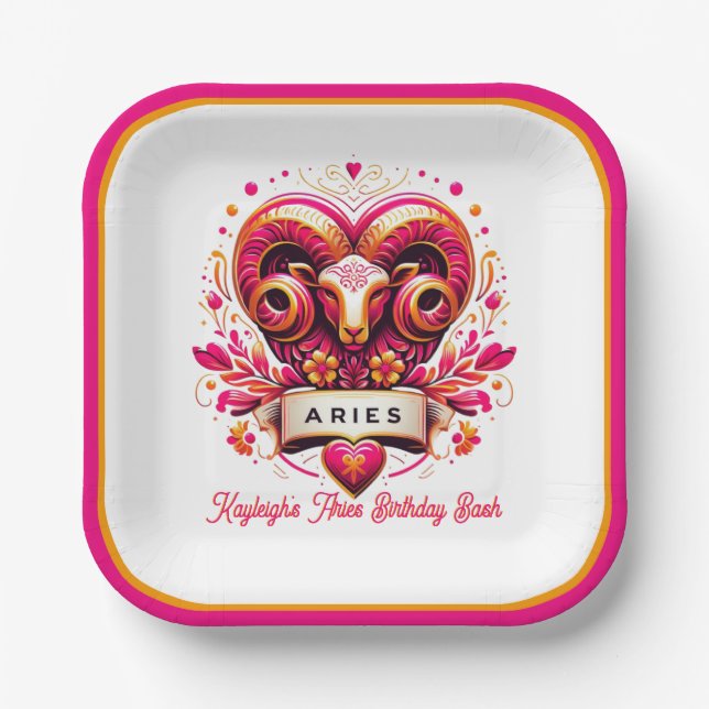 Aries Zodiac Sign Pink and Orange Ram Birthday Paper Plate (Front)