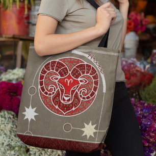 Aries Zodiac Sign Red White Gray Mandala Tote Bag