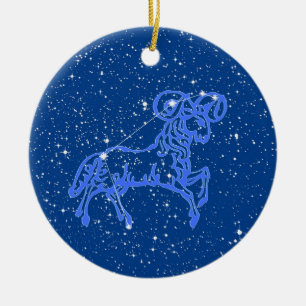 Aries Zodiac Sign with Stars on Deep Blue Ceramic Ceramic Ornament