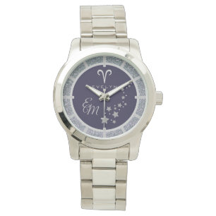  Aries Zodiac Silver Glitter Dark Blue Monogrammed Watch