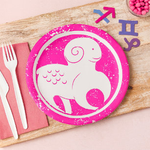 Aries Zodiac Symbol Grunge Pink Ram Astrology Paper Plate