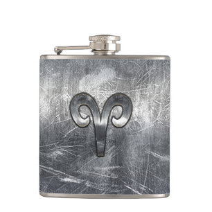 Aries Zodiac Symbol in Grunge Distressed Style Hip Flask