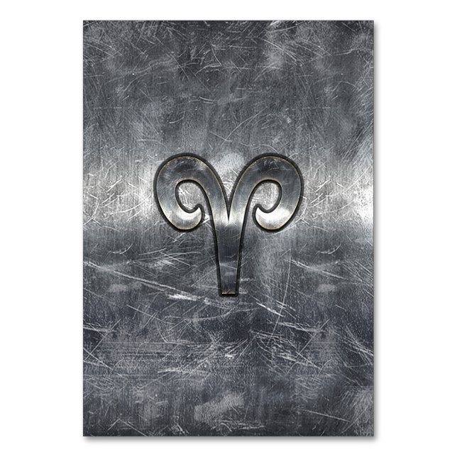 Aries Zodiac Symbol in Silver Distressed Style Table Number (Front)