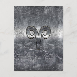 Aries Zodiac Symbol in Silver Steel Style Postcard
