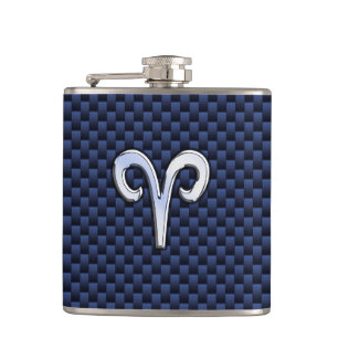 Aries Zodiac Symbol Navy Blue Carbon Fibre Style Hip Flask