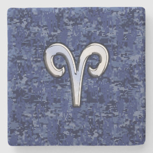 Aries Zodiac Symbol on Navy Blue Digital Camo Stone Coaster