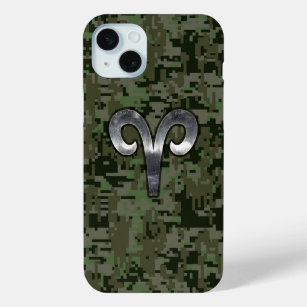 Aries Zodiac Symbol Woodland Digital Camouflage iPhone 15 Mini Case