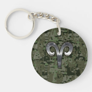 Aries Zodiac Symbol Woodland Digital Camouflage Key Ring
