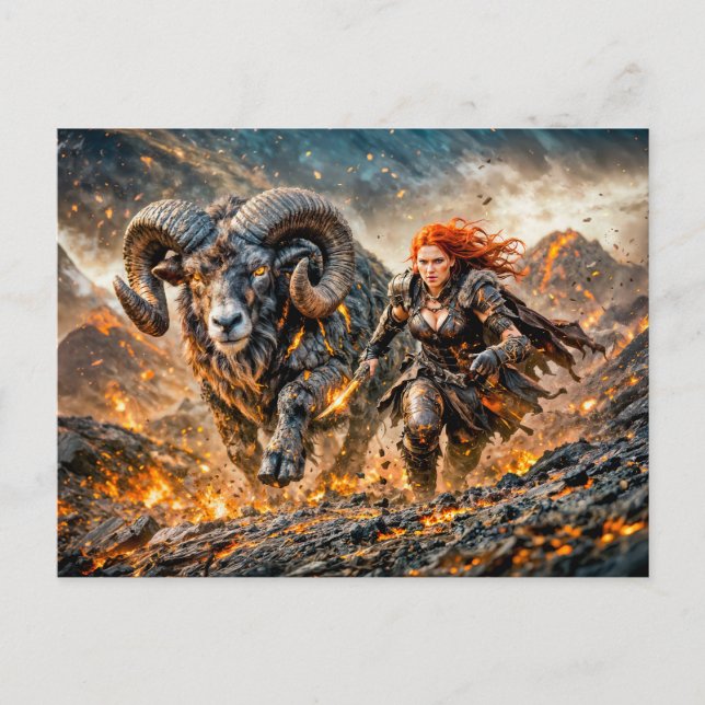 Aries Zodiac with Warrior and Charging Ram Postcard (Front)
