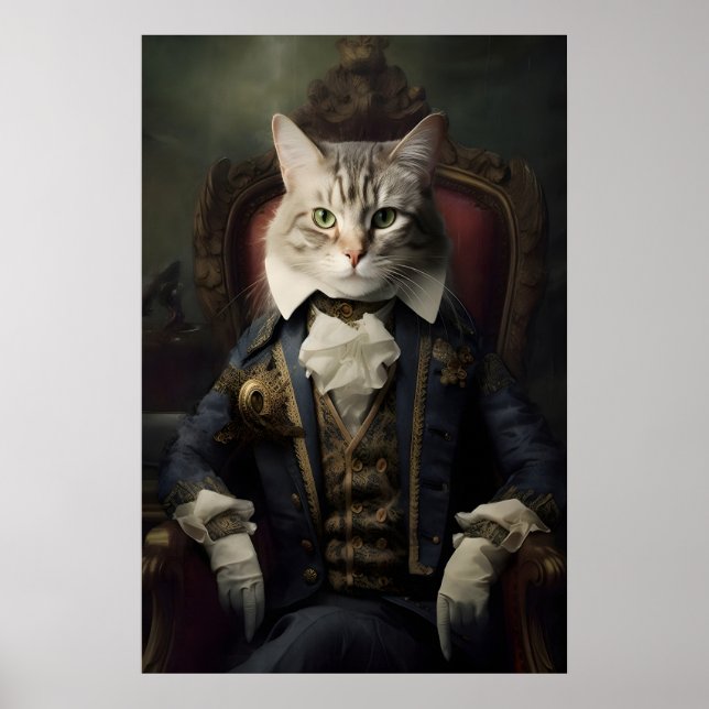 Aristocratic Cat Portrait, Funny Renaissance Wall Poster (Front)