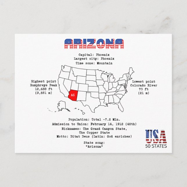 Arizona American state on a map and useful info Holiday Postcard (Front)