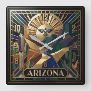 Arizona Art Deco Square Southwest Desert Landscape Wall Clock