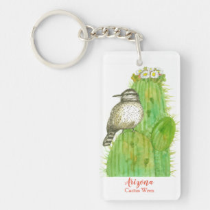 Arizona Cactus Wren Bird Saguaro White Flowers Key Ring