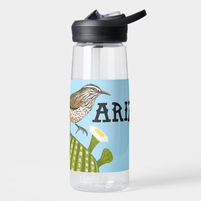Arizona Cactus Wren Saguaro Cactus Illustration Water Bottle (Left)
