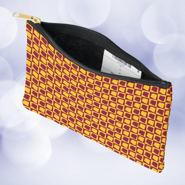 Arizona Checkered Maroon and Gold Pattern Accessory Pouch (An accessory pouch with a maroon and gold pattern featuring the US state of Arizona.)