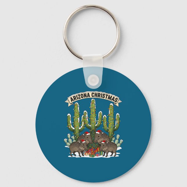 Arizona Christmas Javelina Family Desert Saguaros  Key Ring (Front)