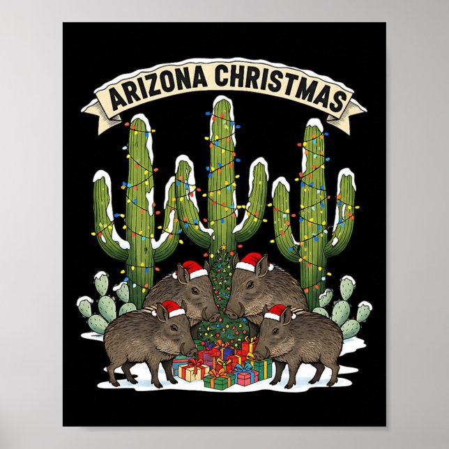 Arizona Christmas Javelina Family Desert Saguaros  Poster (Front)