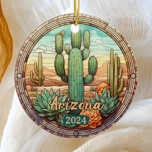 Arizona Desert Cactus Faux Stained Glass  Ceramic Ornament