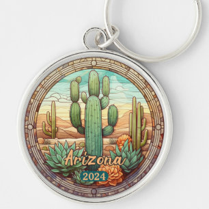Arizona Desert Cactus Faux Stained Glass Key Ring