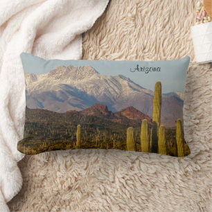 Arizona Desert Saguaro Cacti Snowy Mountain Lumbar Cushion