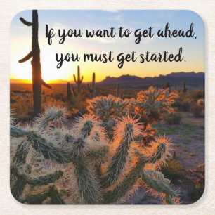 Arizona Desert Sunset Cactus Inspirational Saying Square Paper Coaster