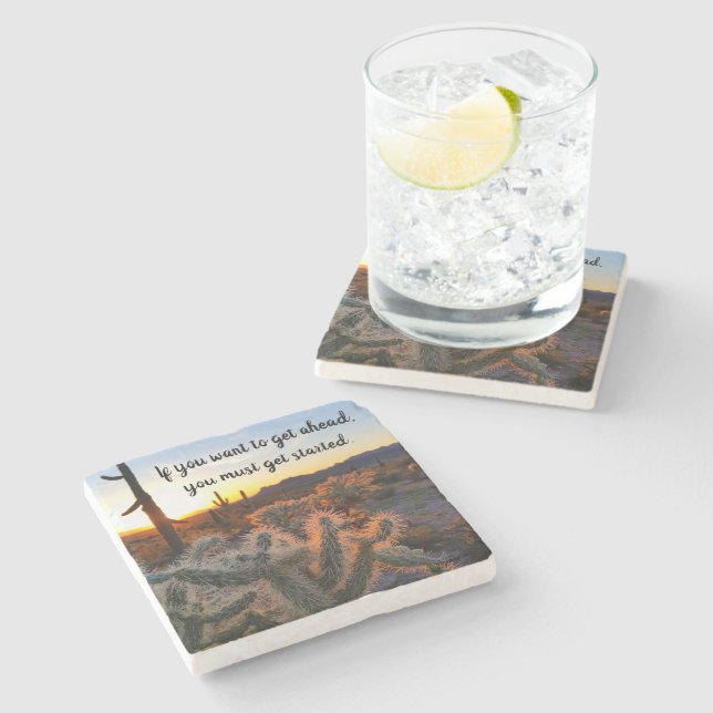 Arizona Desert Sunset Cactus Inspirational Saying Stone Coaster (Side)