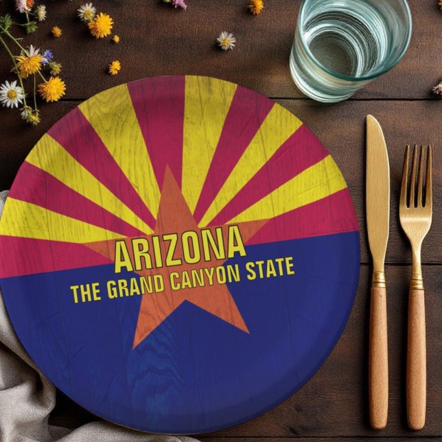 Arizona Flag Painted On Wood Template Paper Plate (two line template Arizona flag paper plate)