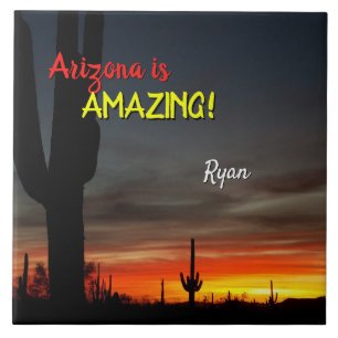 "Arizona is Amazing!" Sunset Sonoran Desert Cactus Ceramic Tile