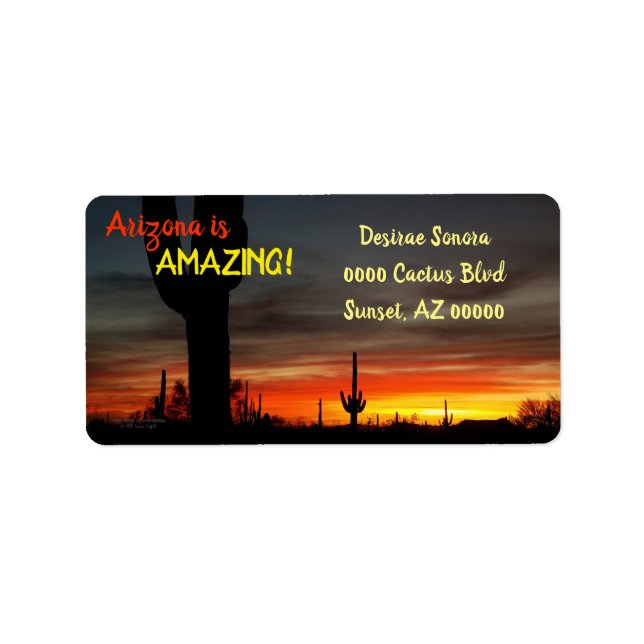 "Arizona is Amazing!" Sunset Sonoran Desert Cactus Label (Front)